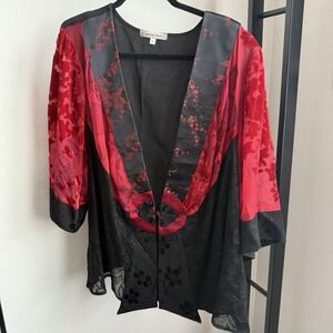 Vintage Spencer Alexis 2X Asian Lace Artsy Boho Top Floral Black Red Burnout